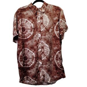 Men Linen Tie Dye Button Down Shirt Printed Short Sleeve Hawaiian Brown Medium